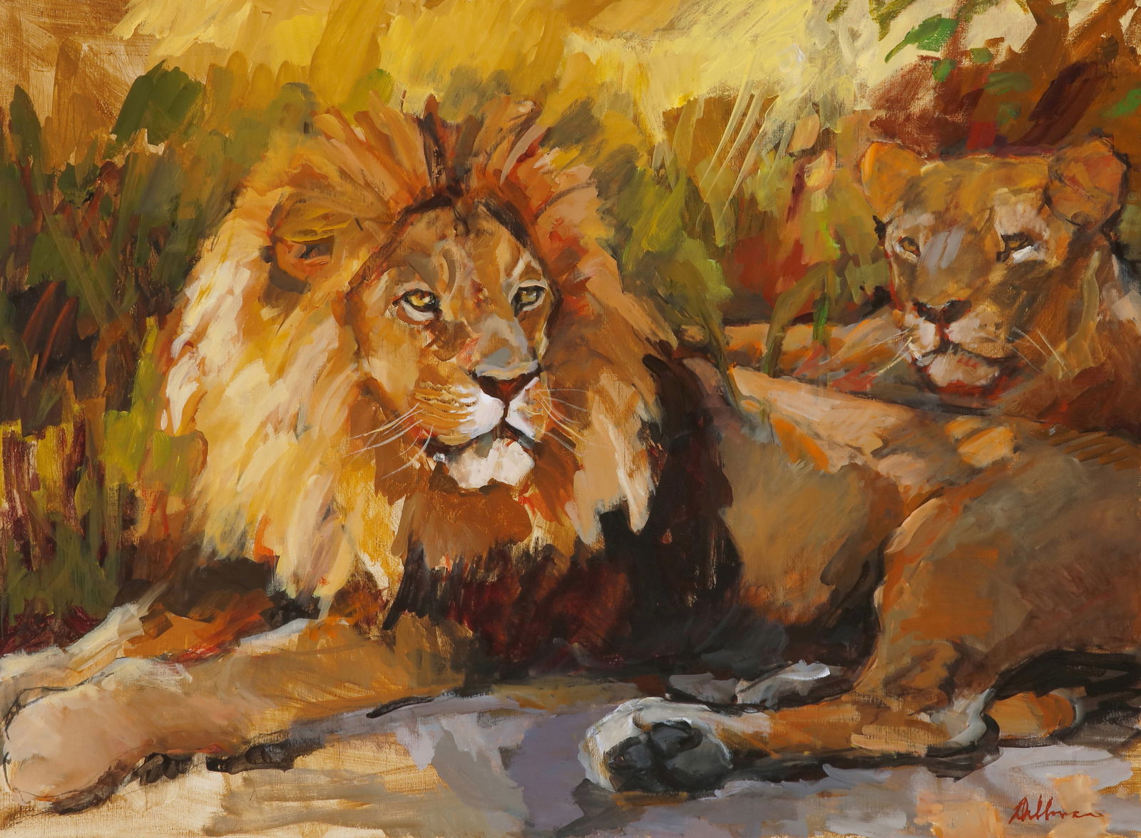 Rod Dallman (20th Century), A pair of lounging lions: Rod Dallman(20th Century)A pair of lounging lionsOil on canvasSigned lower right: Dallmann30" H x 40" W
