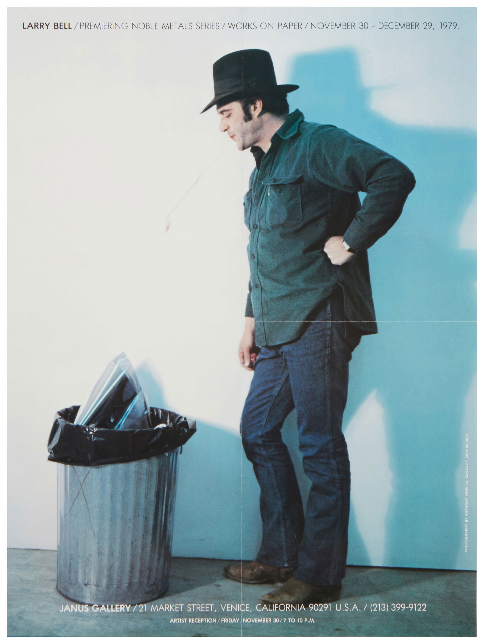 After Larry Bell (b. 1939), "Larry Bell: Premiering Noble Metals Series / Works on Paper," 1979: After Larry Bell(b. 1939)"Larry Bell: Premiering Noble Metals Series / Works on Paper," 1979Offset image in colors on folded poster paper, as issuedFrom the edition of unknown sizeUnsignedIm