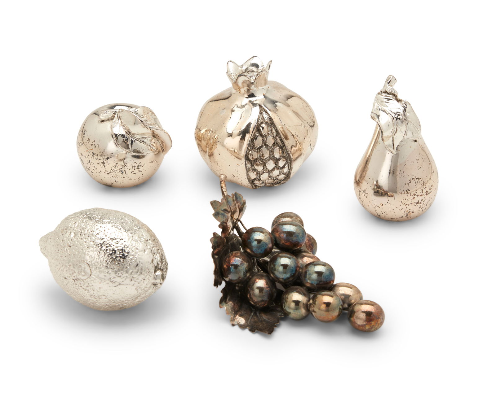 A Buccellati sterling silver bunch of grapes and other fruit items: A Buccellati sterling silver bunch of grapes and other fruit itemsMid/late 20th centuryEach marked: 925; grapes additionally marked: M Buccellati / [star] 14 / [illegible]; others variously numbered a