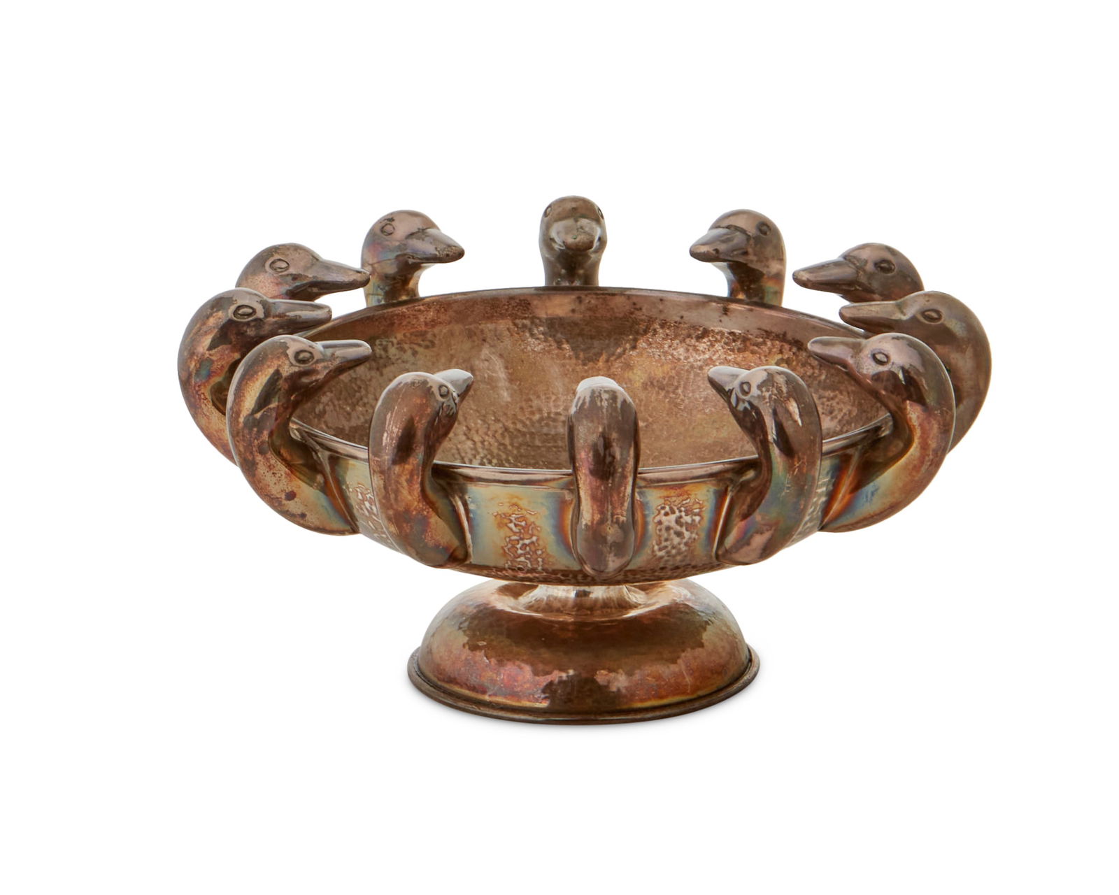 A LALAoUNIS sterling silver bowl: A LALAoUNIS sterling silver bowlMid-20th century; GreeceMarked to foot: [maker's mark] / LALAoUNIS / Greece / 925 / [Greek letters]The hammered vermeil sterling silver footed bowl with twelve duck hea