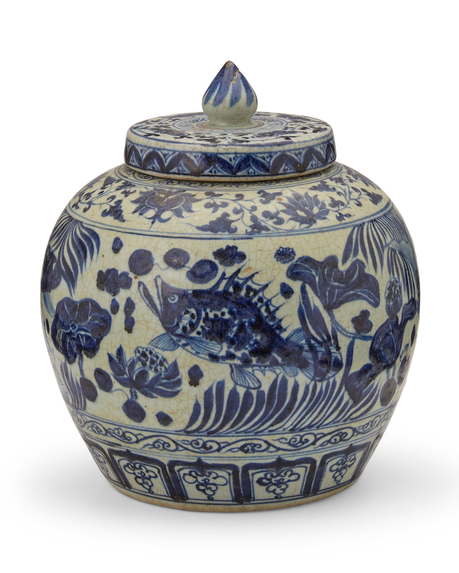 A Chinese blue and white porcelain ginger jar: A Chinese blue and white porcelain ginger jar20th centuryUnmarkedThe lidded jar with blue glaze carp and aquatic motifs centering banded floral and foliate motifs to shoulder and lidOverall: 11.5"
