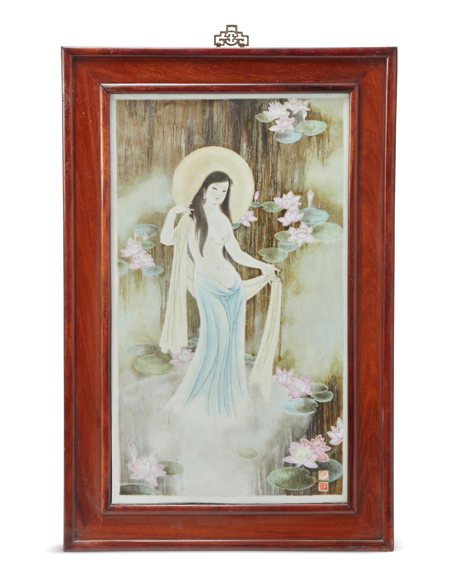 A Chinese polychrome porcelain plaque of Guanyin (1 of 4)