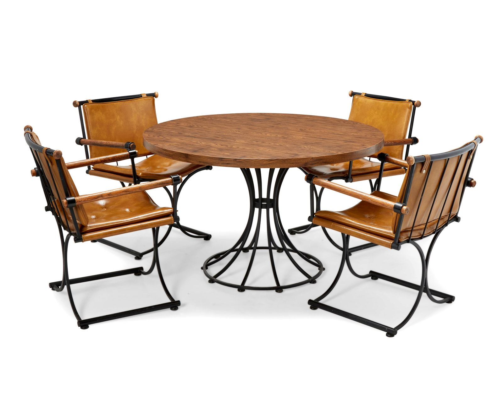 In the manner of Cleo Baldon (1927-2014), A Modern dining set, mid/late 20th century: In the manner of Cleo Baldon (1927-2014)A Modern dining set, mid/late 20th centuryEach unmarkedComprising a dining table with veneered wood top set on an enameled metal tulip base, centering four dini
