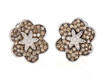 A Pair of 14K White Gold, Colored Diamond and Diamond Earrings