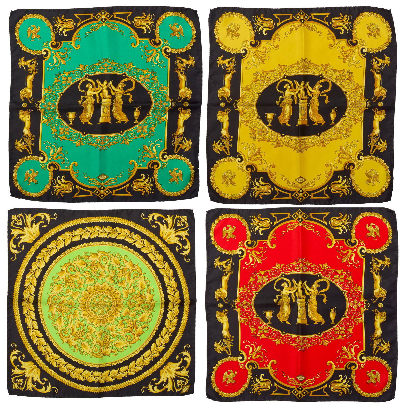 Versace: Four Silk Twill Neck Scarves: Versace: Four Silk Twill Neck ScarvesCirca 1990s, ItalyComprising four Atelier Versace pocket squares or neck scarves including three in yellow, red, and green, depicting classical mythological figure