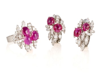 A Pair of Ruby and Diamond Earrings and Ring