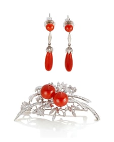 A White Gold and Coral Brooch and Earring Set