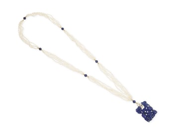 A Gold, Freshwater Pearl and Lapis Lazuli Necklace