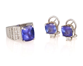 A White Gold, Tanzanite Ring and Earring Set