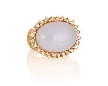 A 14K Gold, Chalcedony and Colored Diamond Ring