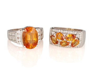 Two 14K White Gold, Garnet and Diamond Rings