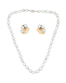 A Gold and Colored Cultured pearl Necklace and Earring Set