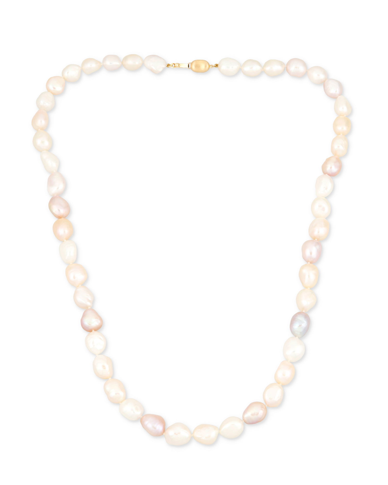 An 18k Gold and Colored Baroque Cultured Pearl Necklace: An 18k Gold and Colored Baroque Cultured Pearl NecklaceFeaturing white, peach and pink baroque pearls measuring approximately 10.50 mmLength: 26 in.94.8 grams gross