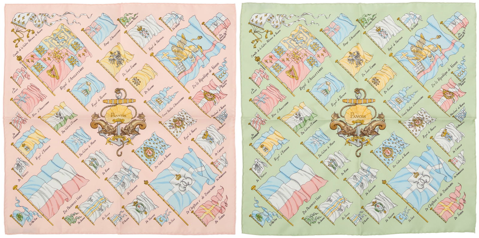 Hermes: Two Silk Gavroche Neck Scarves 45: Hermes: Two Silk Gavroche Neck Scarves 45Circa 1990s, FranceTwo "Pavois" pocket squares by Philippe Ledoux, each featuring a multicolored array of historic European nautical flags, one on a