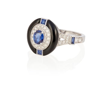 A sapphire, diamond and onyx ring