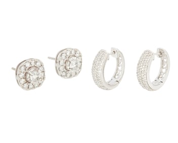 Two Pairs of White Gold and Diamond Earrings