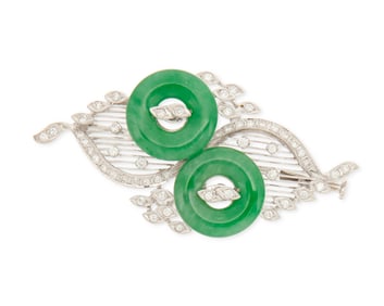 A 14K White Gold, Jade and Diamond Brooch