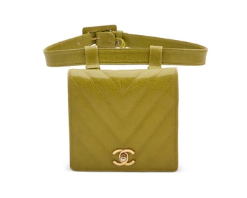 CHANEL: A Vintage Lime Green Caviar Leather Classic Flap Hip Bag & Belt