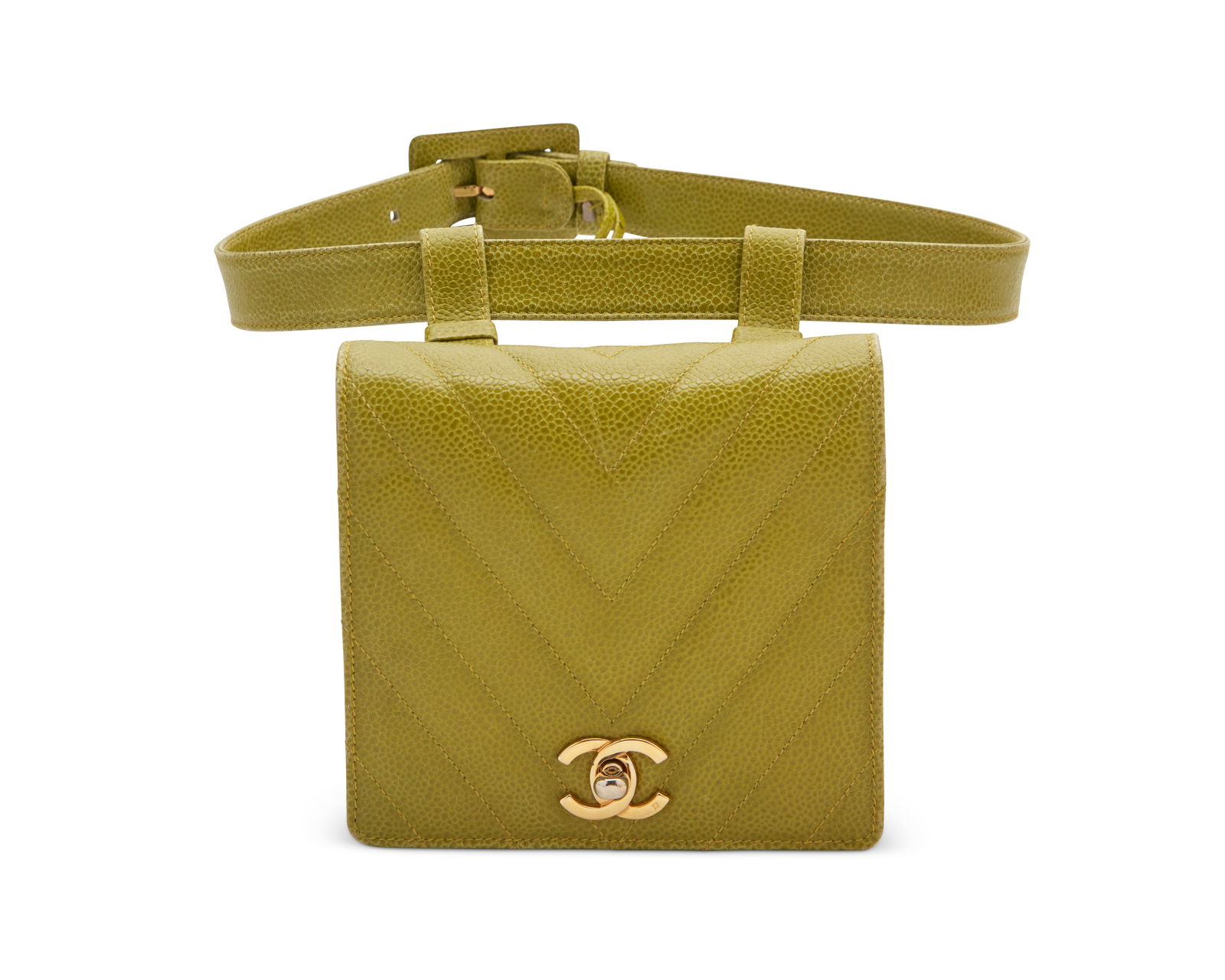 CHANEL: A Vintage Lime Green Caviar Leather Classic Flap Hip Bag & Belt (1 of 10)