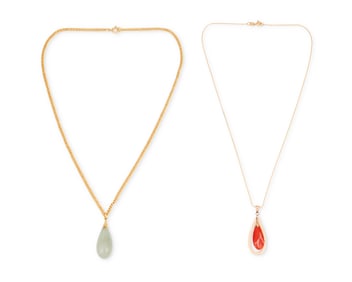 Two Gold, Coral and Jade Necklaces