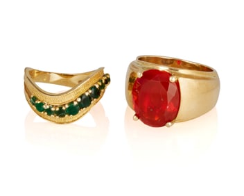 Two 14K Gold and Gem-Set Rings