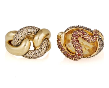 Two 14K Gold, Gem-Set and Diamond Rings