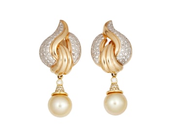 A Pair of Gold, Colored Cultured Pearl and Diamond Earrings