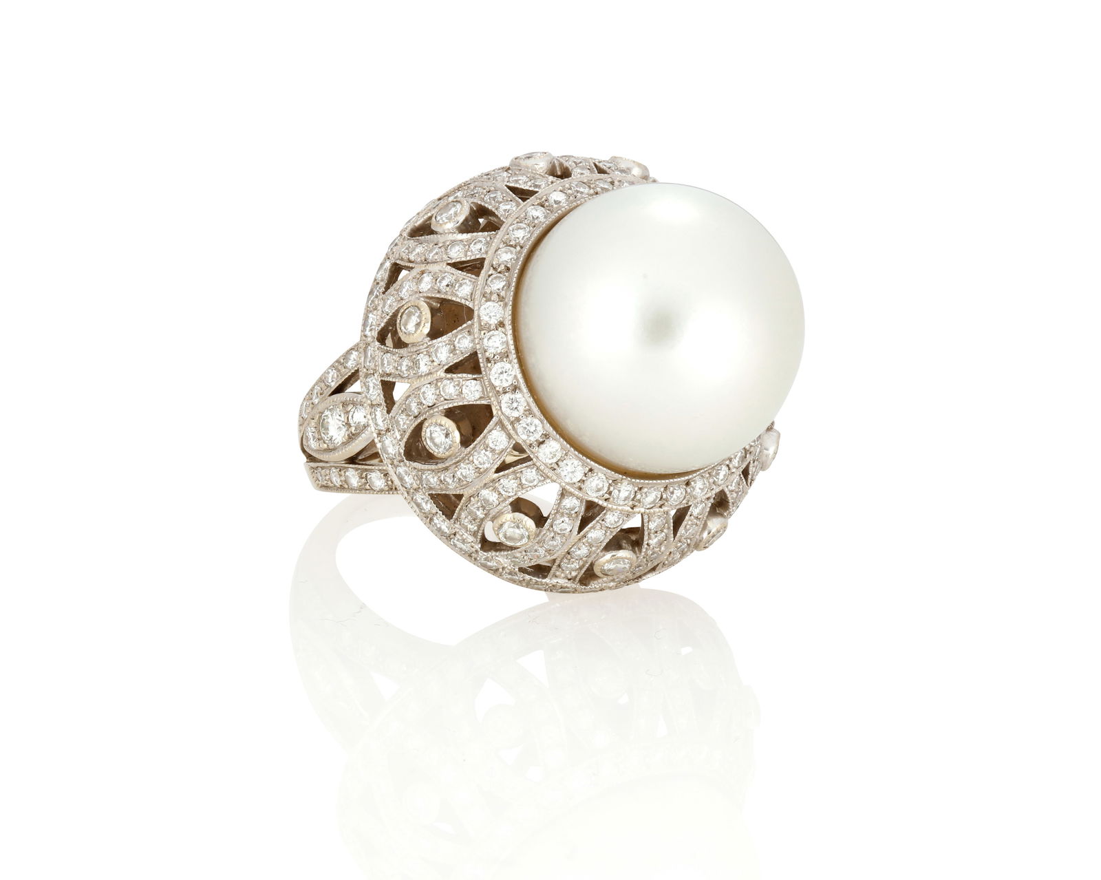 An 18K White Gold, Cultured Pearl and Diamond Ring: An 18K White Gold, Cultured Pearl and Diamond RingCentering a cultured pearl measuring approximately 17.60 mm, accented by round diamonds weighing approximately 3.00 carats set in an intricate mountSi