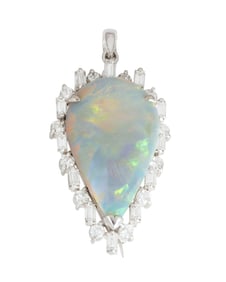 A White Gold, Opal and Diamond Pendant/Brooch