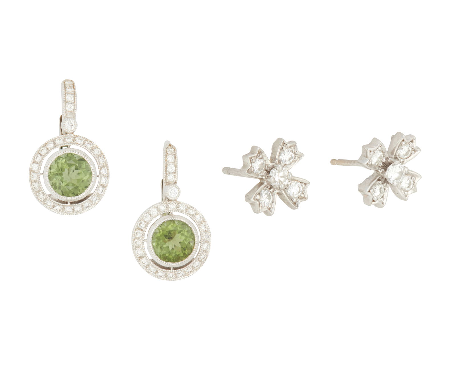 Two Pairs of Earrings: Two Pairs of EarringsIncluding a pair of 18k white gold, green tourmaline and diamond earrings together with a pair of platinum and diamond floral motif Tiffany & Co. earrings, signed T & Co.4 piecesM