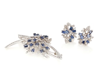 A White Gold, Sapphire and Diamond Brooch and Earring Set
