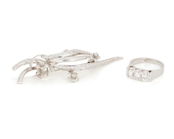 A White Gold Brooch and White Gold and Diamond Ring