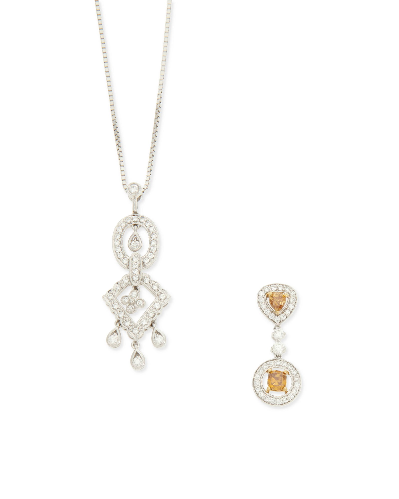 A White Gold and Diamond Necklace and Pendant: A White Gold and Diamond Necklace and PendantFeaturing a 14k white gold necklace suspending a 14k white gold geometric pendant set with round diamonds together with an 18k bi-color gold pendant featur