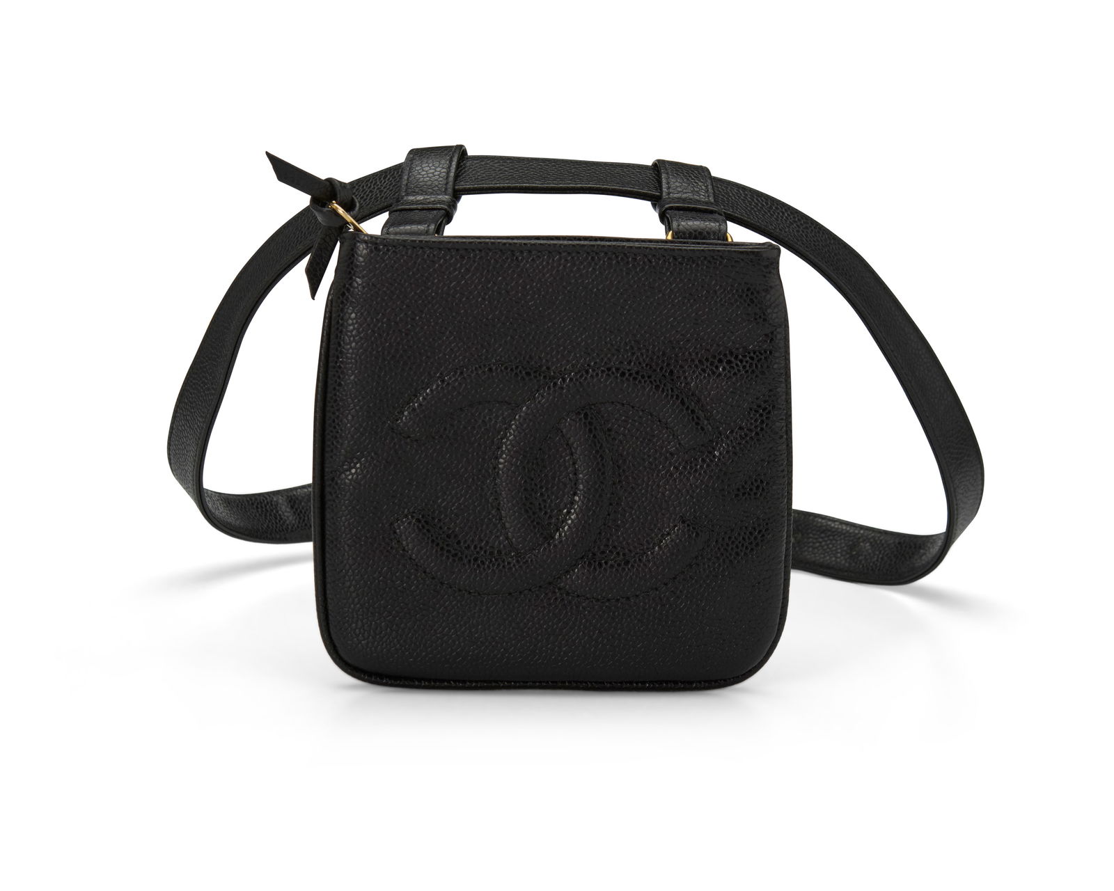 CHANEL: A Vintage Black CC Caviar Leather Hip Bag & Belt: CHANEL: A Vintage Black CC Caviar Leather Hip Bag & BeltCirca 1989-1991; ItalyEach marked to interior: Chanel / R / Made in Italy; tag and card: 1847343; belt: 85/34A black "caviar" leather