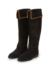 CHANEL: A Pair of Vintage Black Suede Cuffed Riding Boots