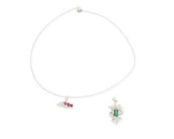 A White Gold, Diamond and Gem-Set Necklace and Pendant