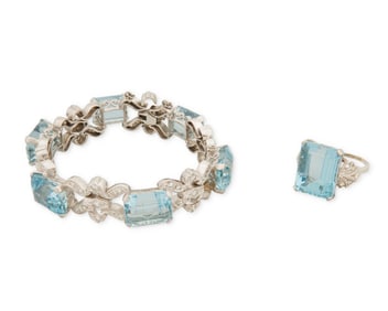 A Platinum, Aquamarine and Diamond Ring and Bracelet