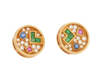 A Pair of 18K Gold, Gem-Set and Diamond Earrings