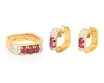 A 14K Gold, Ruby and Diamond Ring and Earrings Set