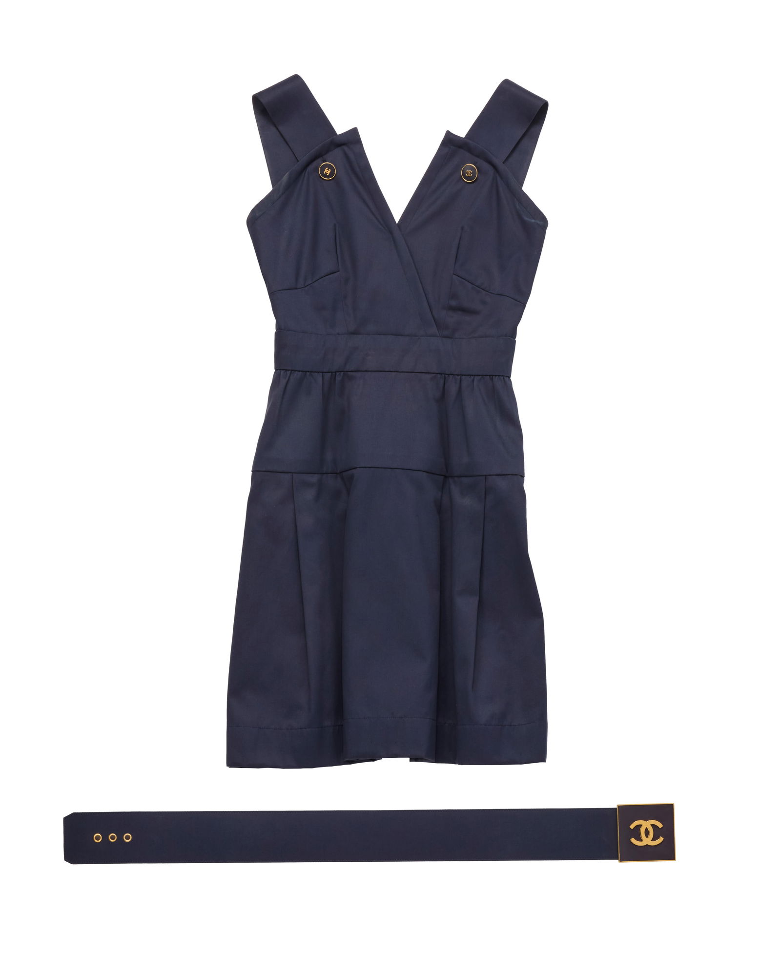 CHANEL: A Vintage Boutique Navy Blue Sateen Dress: CHANEL: A Vintage Boutique Navy Blue Sateen DressCirca 1990s; Made in FranceLabel: Chanel Boutique / Made in France / Dry Clean / Collection 60A navy crisp cotton sateen dress with deep "V"