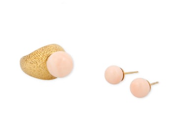 A 14K Gold and Coral Ring and Pair of Earrings