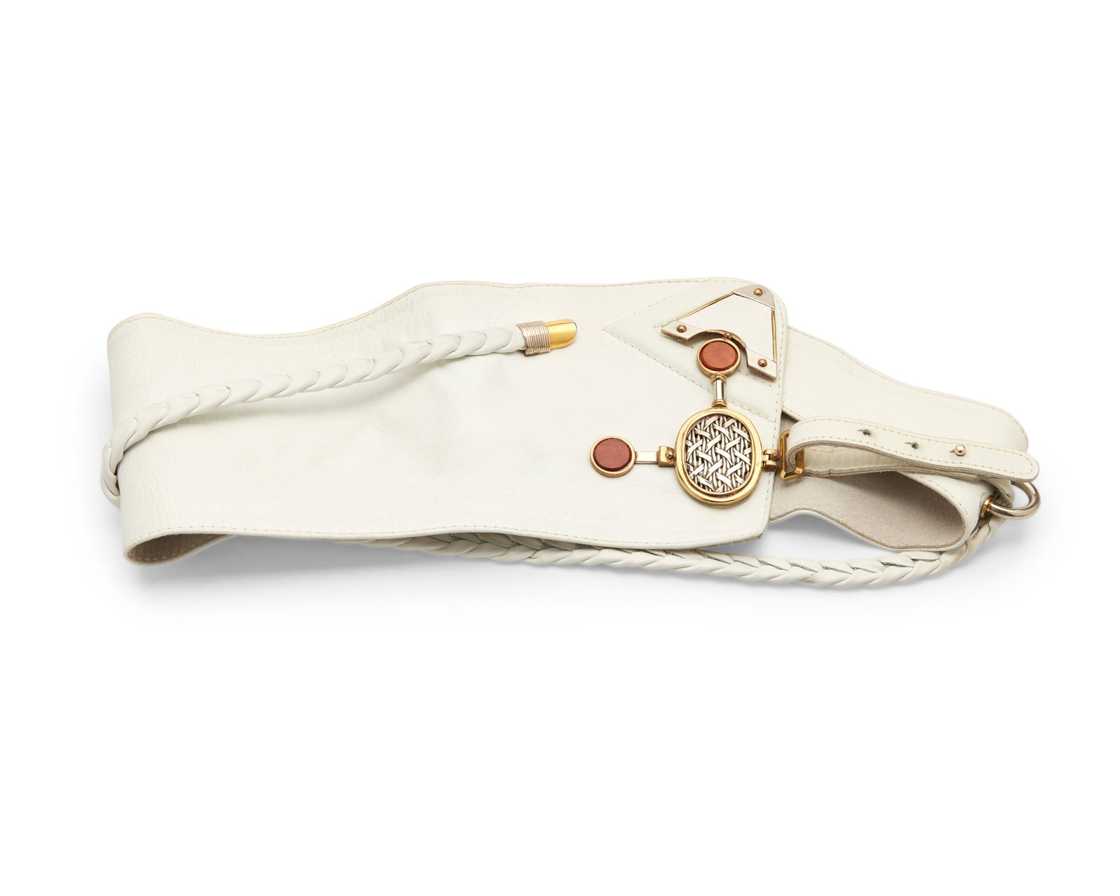 A Vintage White Leather Belt: A Vintage White Leather BeltCirca 1980s-1990sUnmarkedA curved white leather asymmetrical belt with elaborate abstract two-toned metal buckle fastening and braided leather strap accent5.875 to 1.5 in.