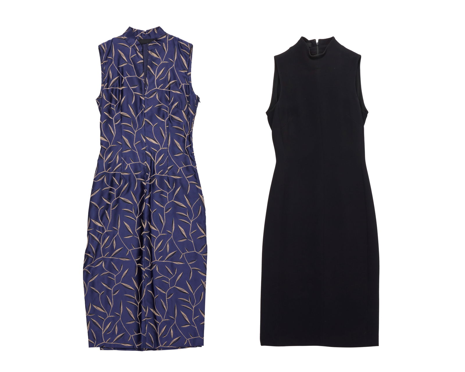 Prada: Two Dresses: Prada: Two DressesCirca 1990s-2000sLabels: Prada / Made in ItalyComprising a blue figured silk sleeveless midi shift dress with grey and dark blue twining leaves design, long hem openings to each side