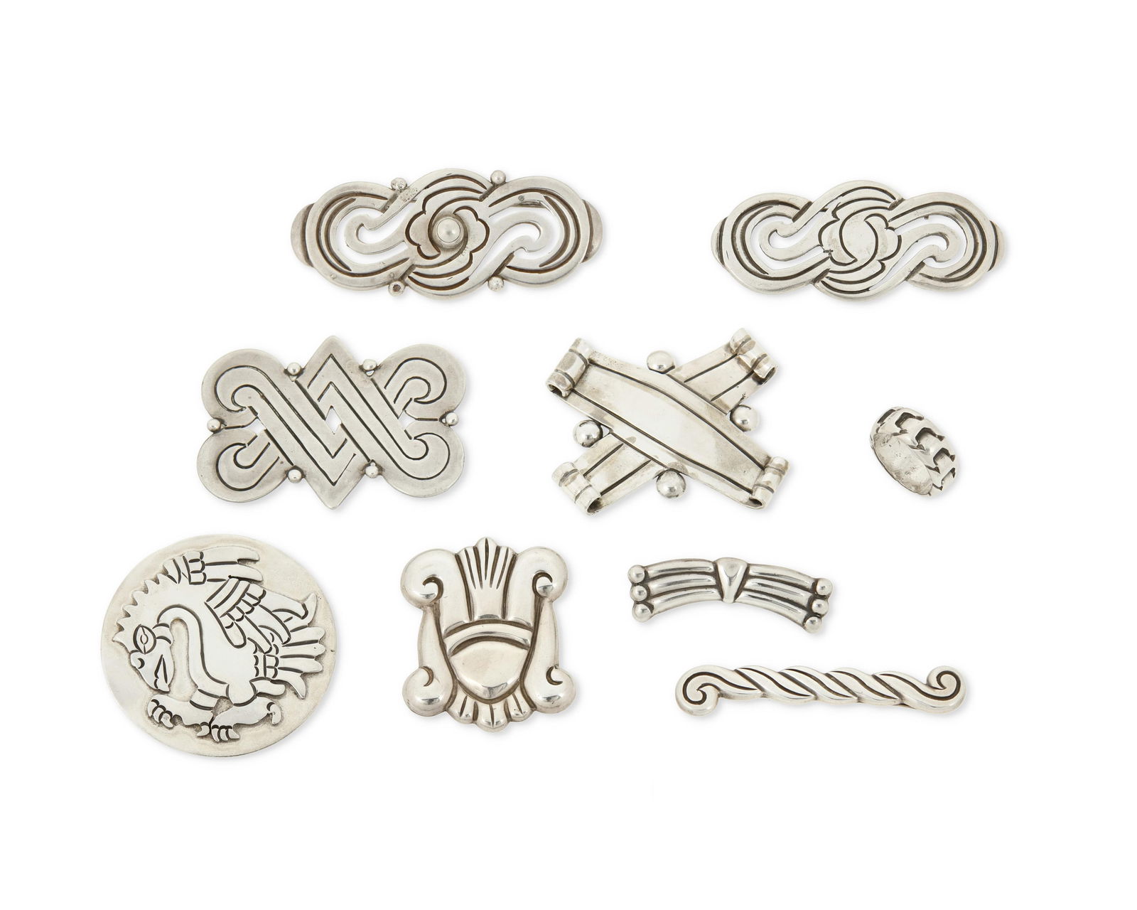 A Group of Mexican Silver Jewelry: A Group of Mexican Silver JewelryNine works:Hector Aguilar (1905-1986)Circa 1940-1945, 1943-1948, 1948-1962; Taxco, MexicoEach variously stamped: HA [conjoined] / 940 / Made in Mexico / Sterling / TB
