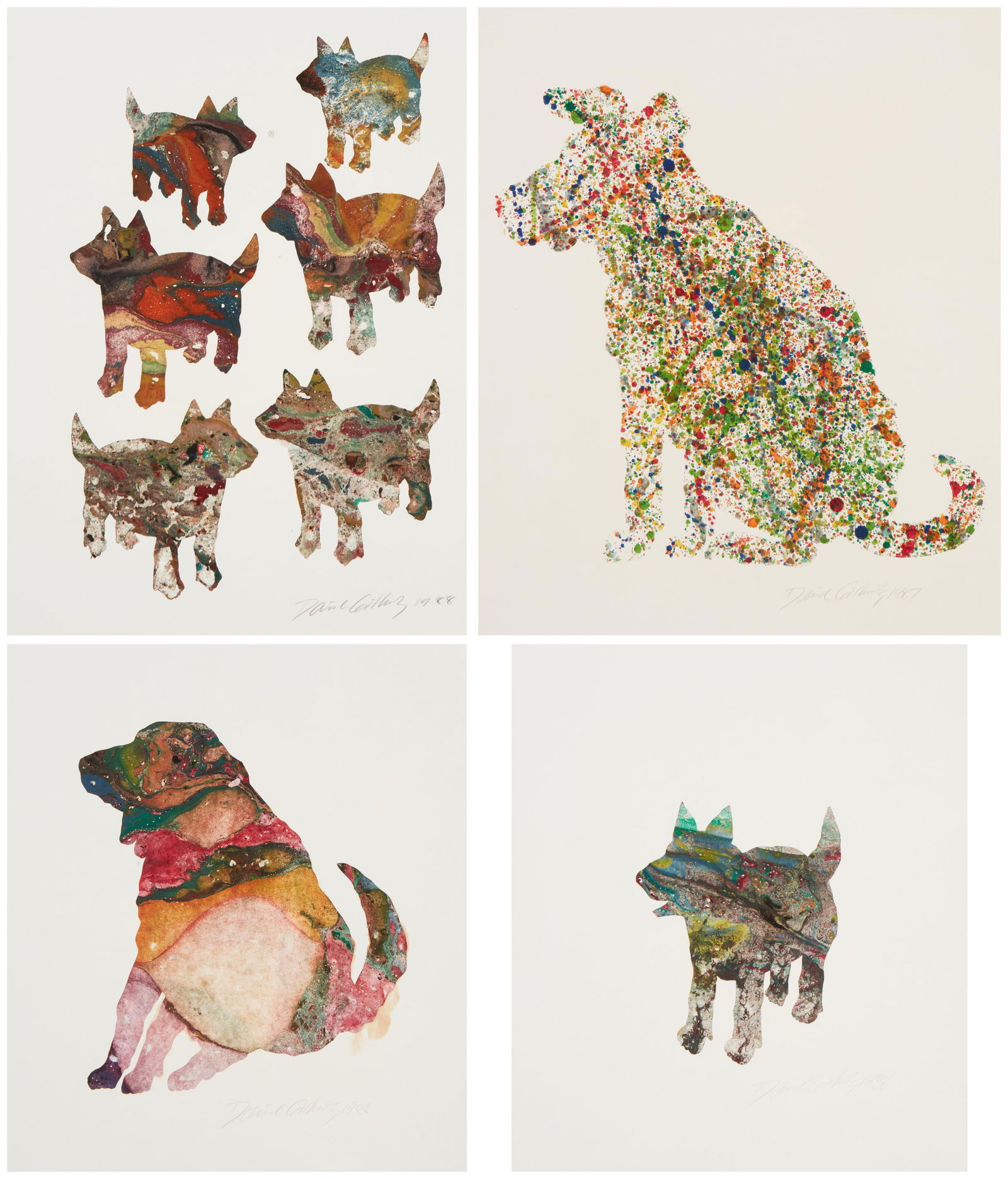 David James Gilhooly III (1943-2013): David James Gilhooly III (1943-2013)Four works:"Multi-Dogs," 1988Monotype in colors on wove paperSigned and dated in pencil in the lower margin, at right: David Gilhooly 1988; titled in penc
