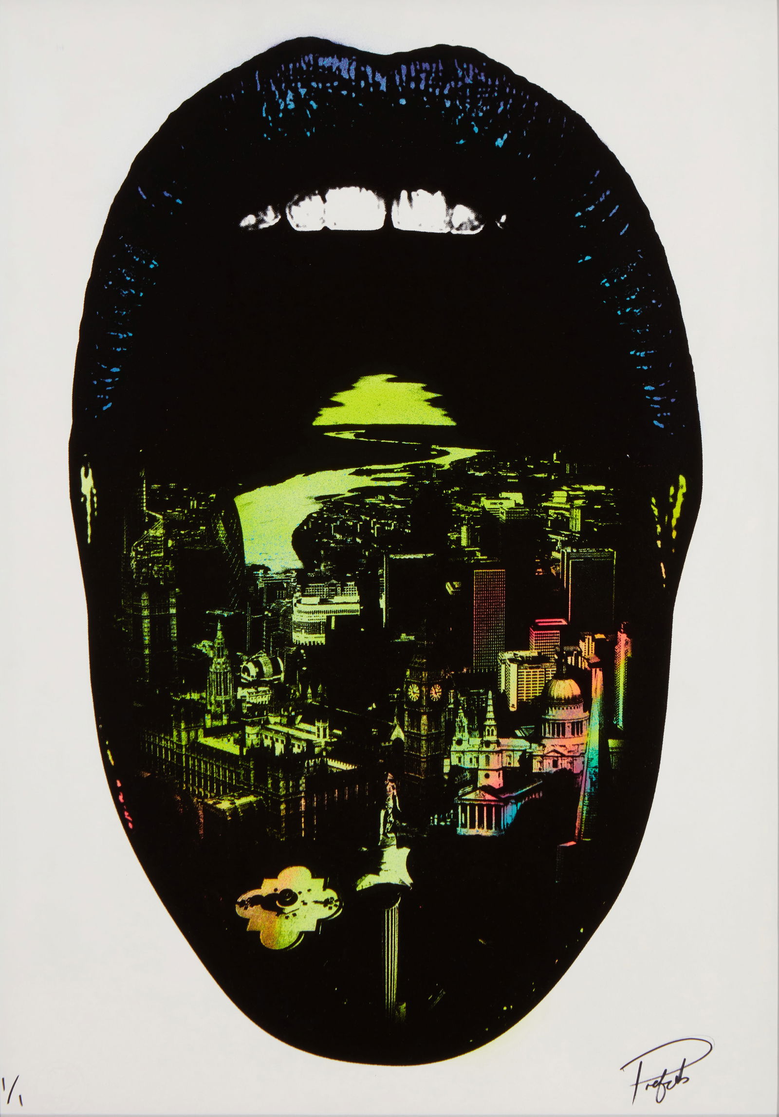 Prefab77 (20th Century), "Lick London," circa 2011: Prefab77(20th Century)"Lick London," circa 2011Screenprint in colors with spray paint on Somerset paperEdition: 1/1Signed and numbered in ink in the lower margin: Prefab; published by the ar