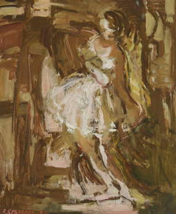 Raimonds Staprans (b. 1926), Ballerina, 1957: Raimonds Staprans(b. 1926)Ballerina, 1957Oil on canvasboardSigned and dated lower left: R. Staprans22" H x 18" W