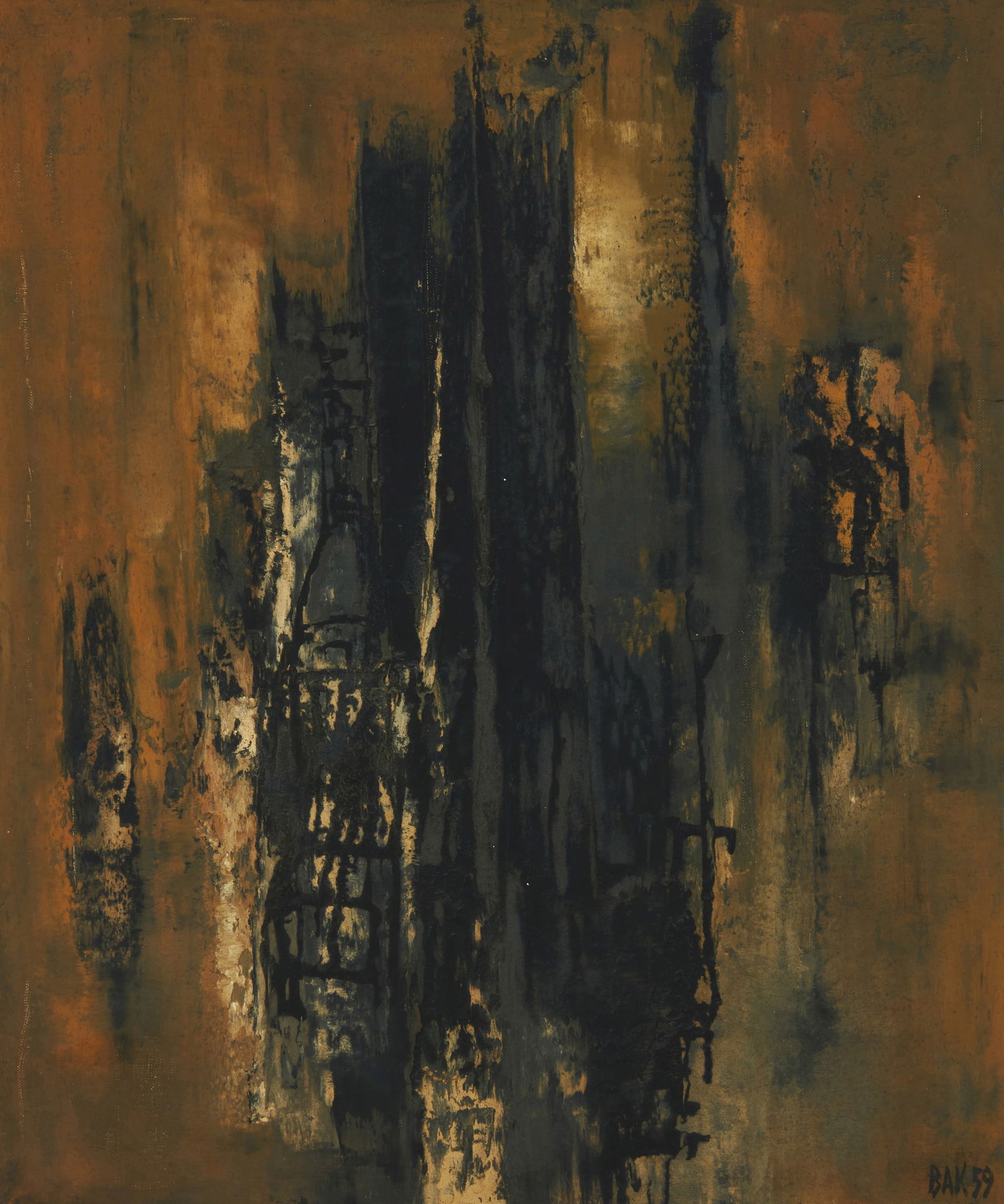 Samuel Bak (b. 1933), Untitled abstract, 1959: Samuel Bak(b. 1933)Untitled abstract, 1959Oil on canvasSigned and dated lower right: BAK 59; inscribed in ink, possibly in another hand, verso23.75" H x 19.75" W Provenance:Galleria Sc