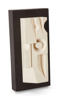 Abe Ajay (1919-1998), Abstract: Abe Ajay(1919-1998)AbstractPigmented composite on woodStamped to side of wood frame: Ajay; signed to paper tag verso: AjayOverall: 10.75" H x 5.25" W x 2.875" D