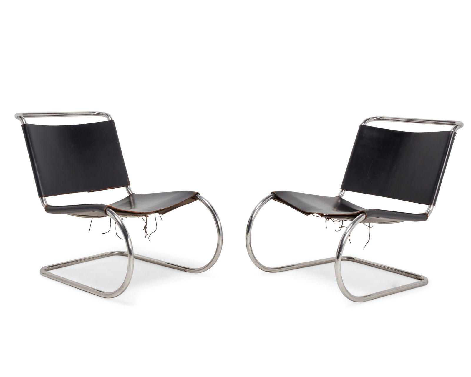 Ludwig Mies van der Rohe (1886-1969), A pair of "MR 30/5" lounge chairs for Knoll, mid-20th century: Ludwig Mies van der Rohe (1886-1969)A pair of "MR 30/5" lounge chairs for Knoll, mid-20th centuryDesigned 1927Each unmarkedThe cantilevered chairs, each with black leather seat and back boun